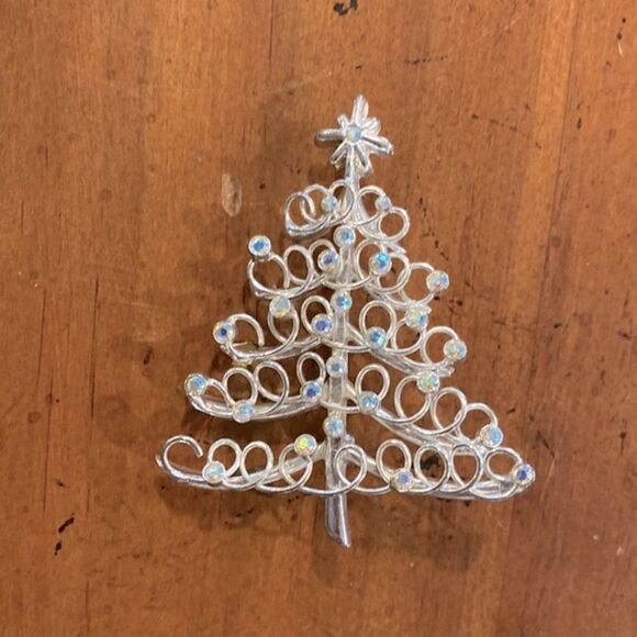 Silver Christmas Tree Brooch Pin with Iridescent Crystals - Picture 1 of 9